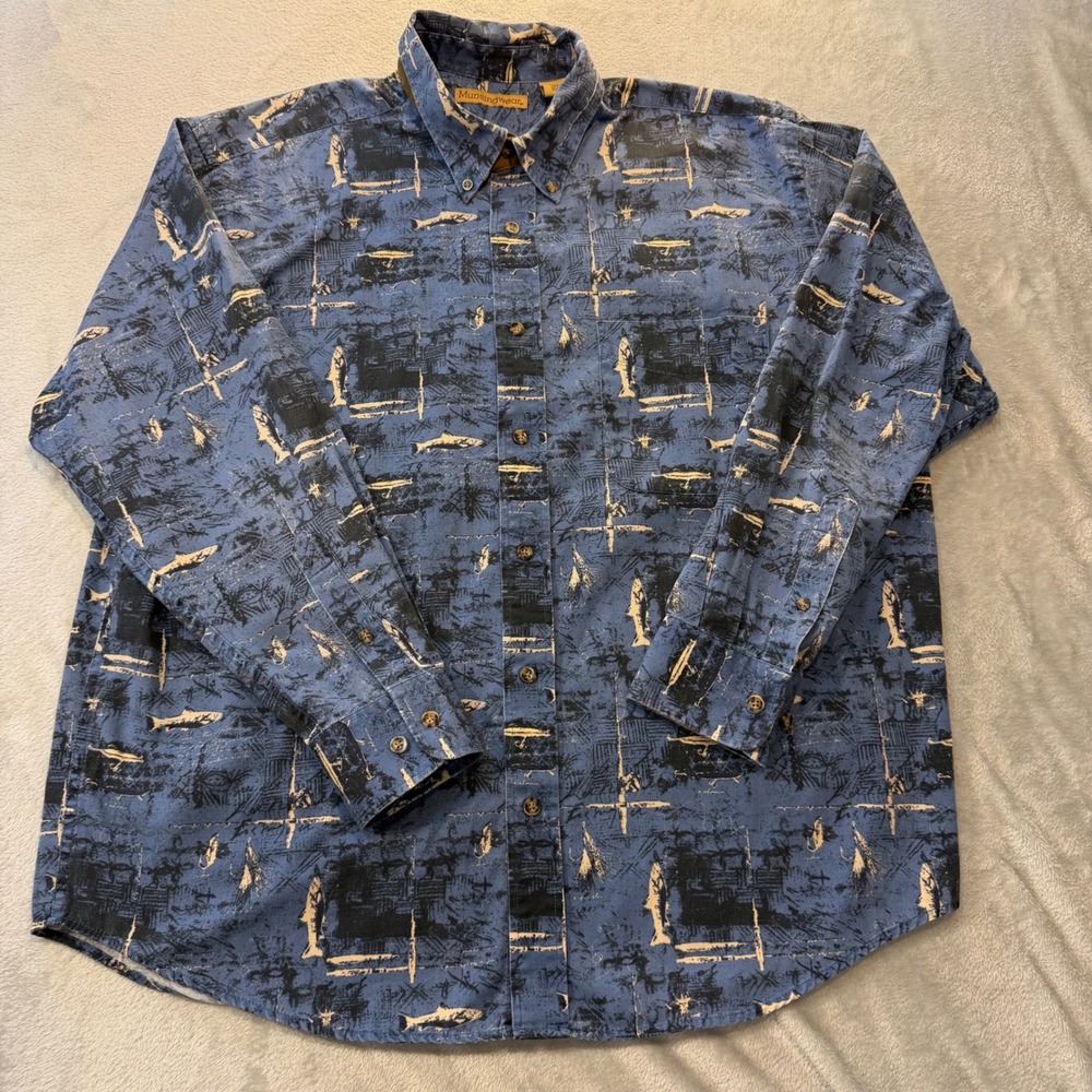 Munsingwear Mens Blue Fish Print Button Down Shirt Long Sleeve Cotton Large